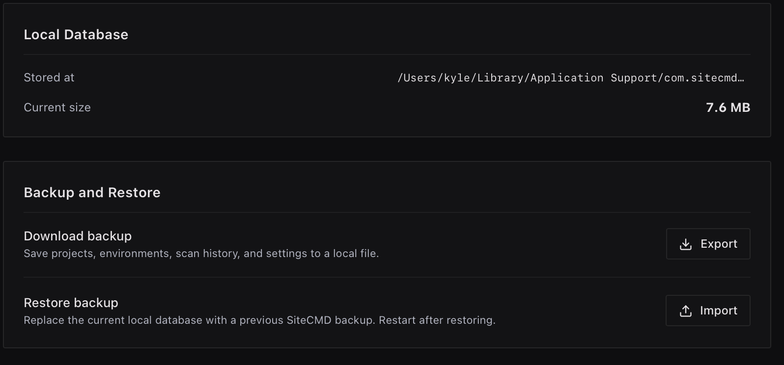SiteCMD settings showing the local database path and backup controls.