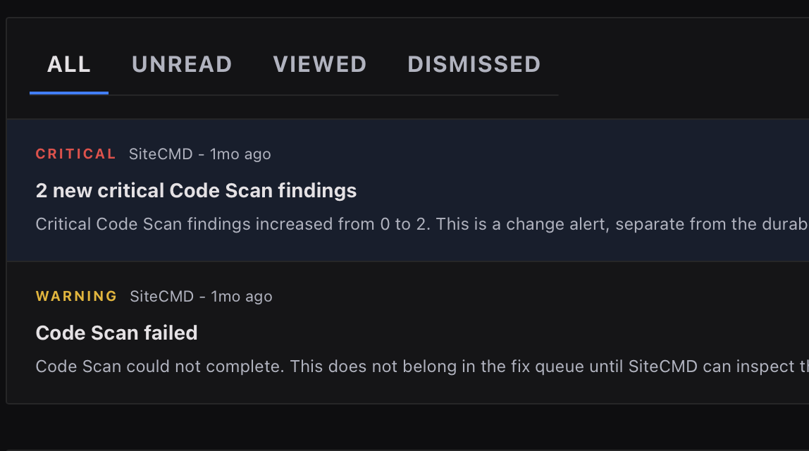 SiteCMD Alerts view showing real-time notifications across connected sources.